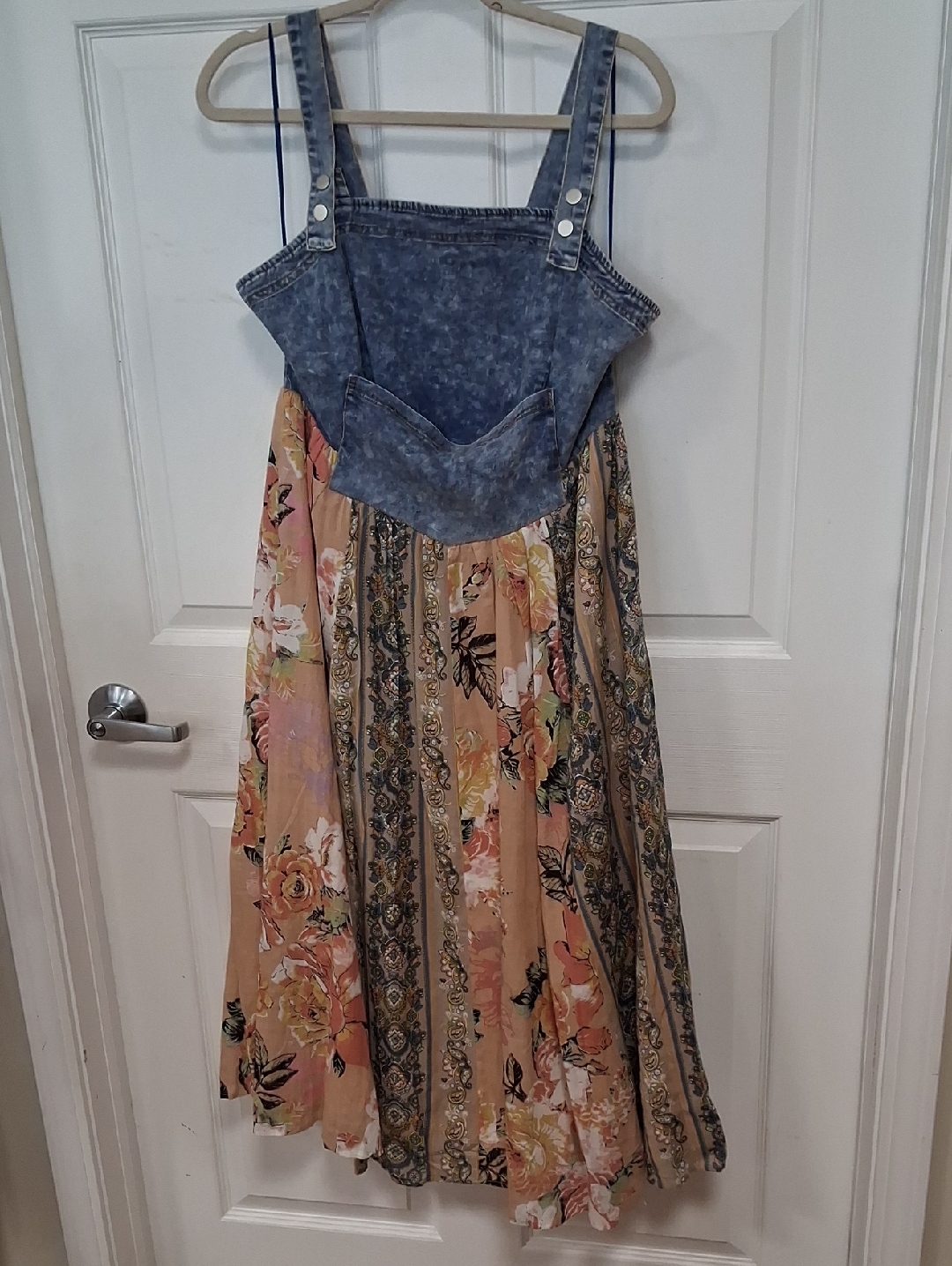 Davi & Dani Blue Denim Top Peach Floral Midi Dress